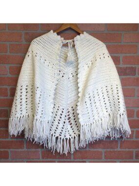 Vintage Crochet Open Knit White Fringed Poncho Tie Closure Cottagecore Girlhood